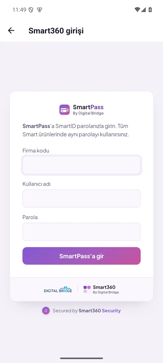 Smart360 giriş sayfası: firma kodu, kullanıcı adı ve parola