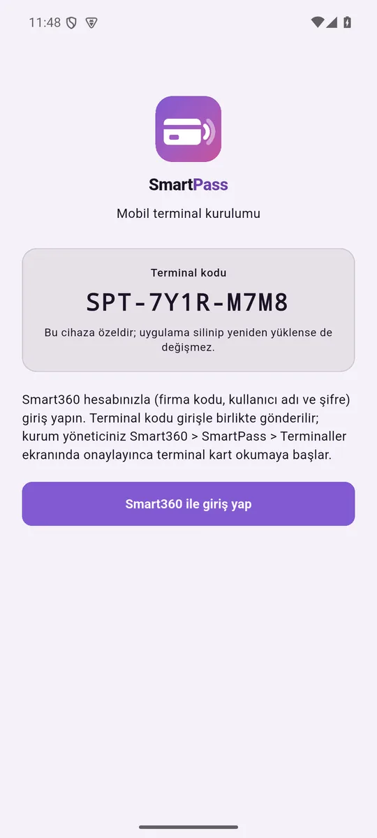 Mobil uygulama: terminal kodu ve Smart360 ile giriş düğmesi (demo verisiyle)