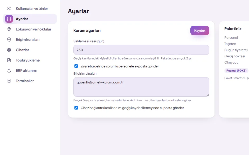 Bildirim alıcıları ve saklama süresi (demo verisiyle)
