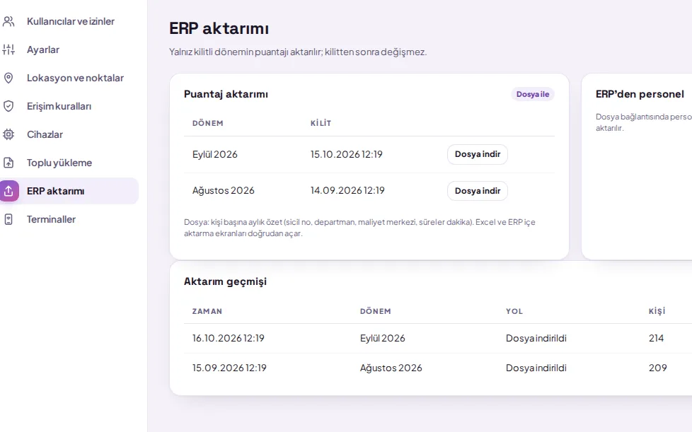 SmartPass ERP aktarımı ekranı: kilitli dönemler ve aktarım geçmişi