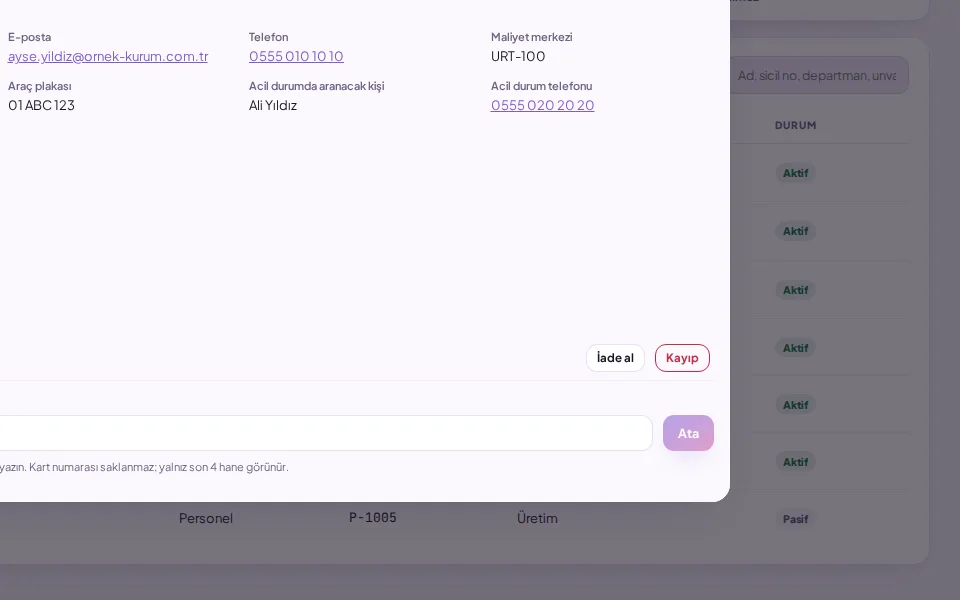 Kartı iade almak, kayıp ya da iptal bildirmek (demo verisiyle)