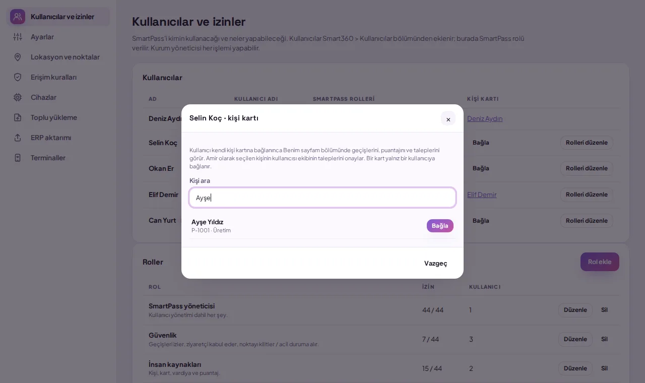 Kullanıcıyı kişi kartına bağlama (demo verisiyle)