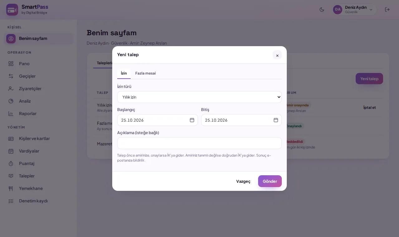 Benim sayfam ve yeni talep (demo verisiyle)