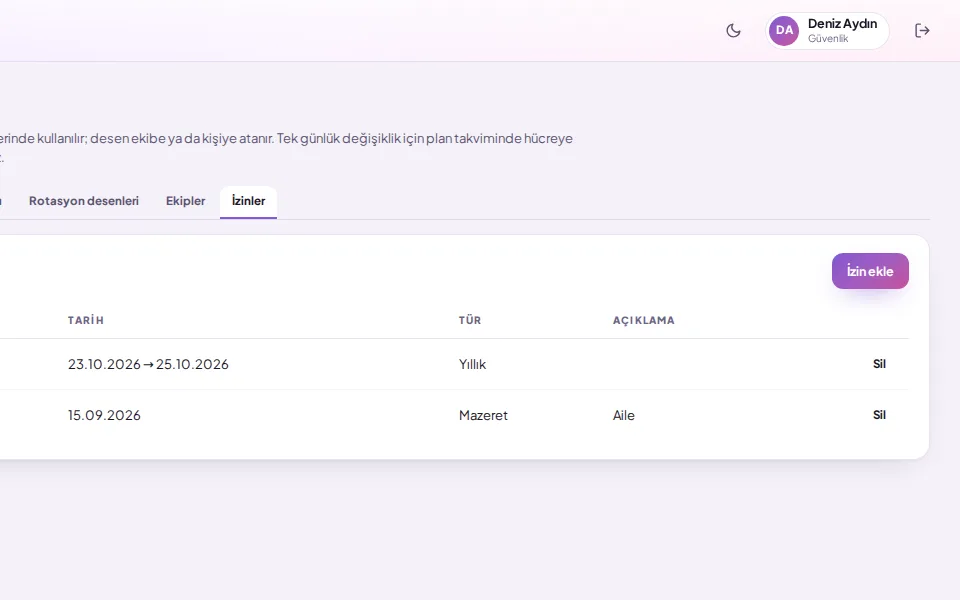 Personel izni girmek (demo verisiyle)