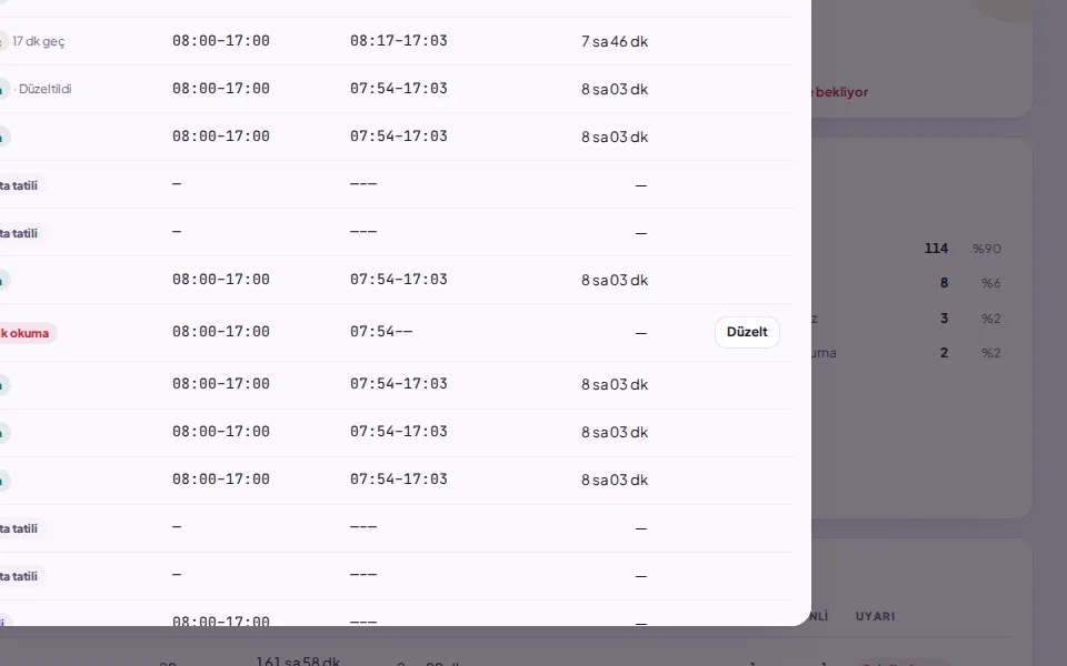 Kişinin gün gün puantajı (demo verisiyle)
