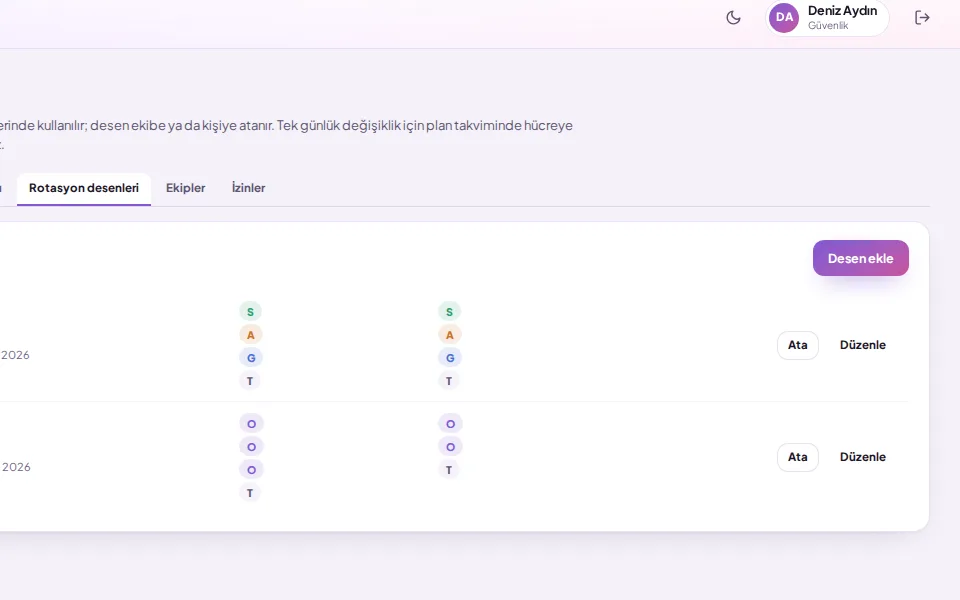 Rotasyon deseni oluşturmak ve ekibe atamak (demo verisiyle)
