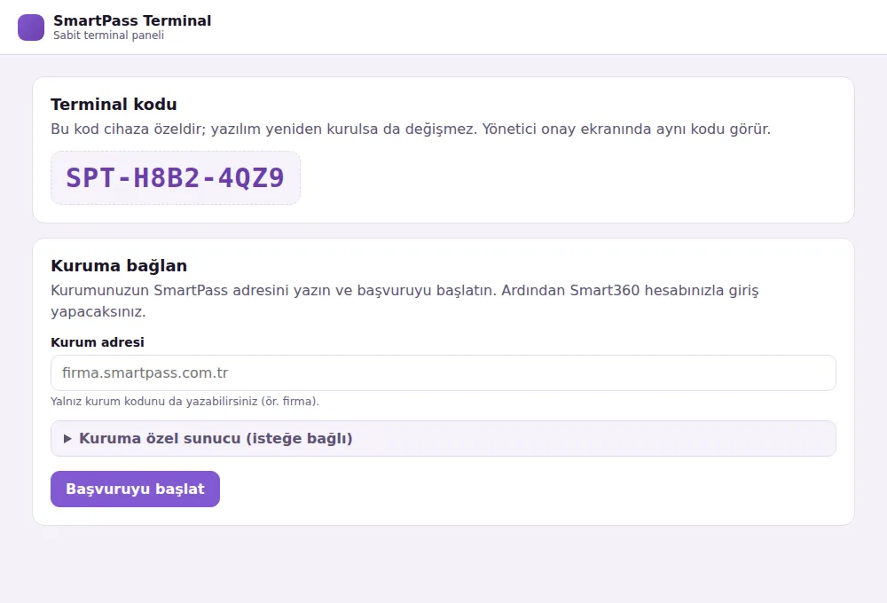 Sabit terminal paneli: değişmez terminal kodu ve kurum adresi (demo verisiyle)