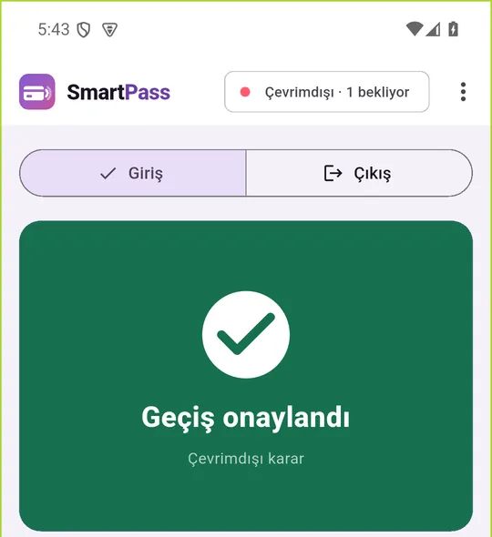 SmartPass mobil terminal: çevrimdışı karar ve bekleyen geçiş sayısı